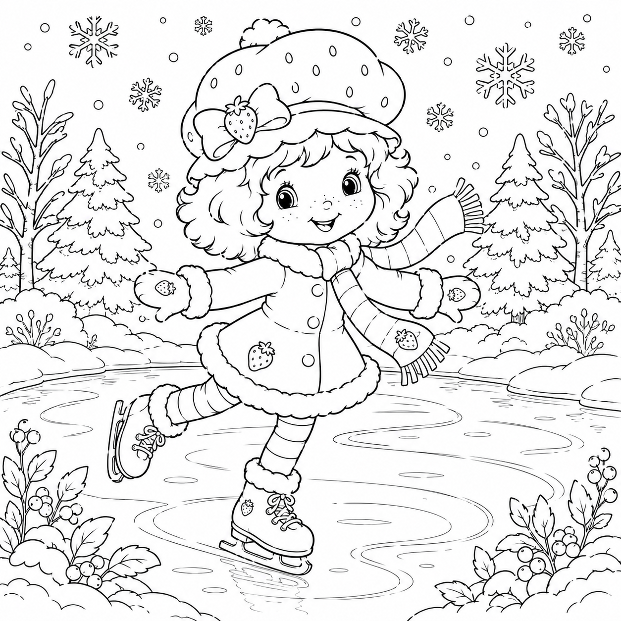 Strawberry Shortcake Ice Skating in Winter coloring page with snowy landscape and frozen pond